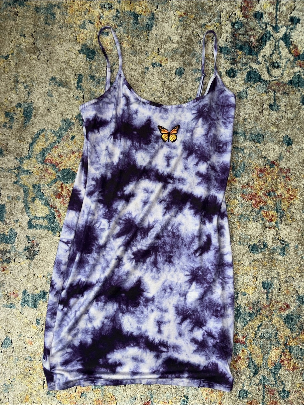 SHEIN Purple Tie-Dye Mini Slip Dress with Orange Butterfly Patch